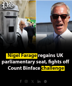 Nigel Farage regains UK parliamentary seat, fights off Count Binface challenge