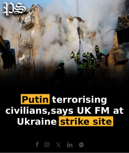 Putin terrorising civilians, says UK FM at Ukraine strike site